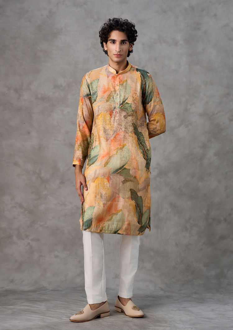 Twamev Men Mustard Pista Green Festive Kurta Churidar