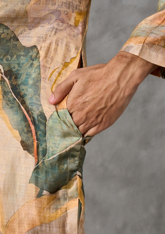 Twamev Men Mustard Pista Green Festive Kurta Churidar