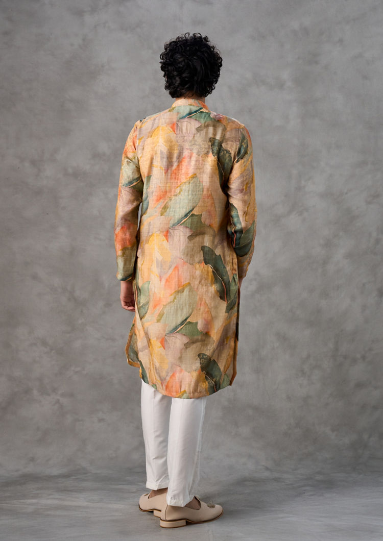 Twamev Men Mustard Pista Green Festive Kurta Churidar