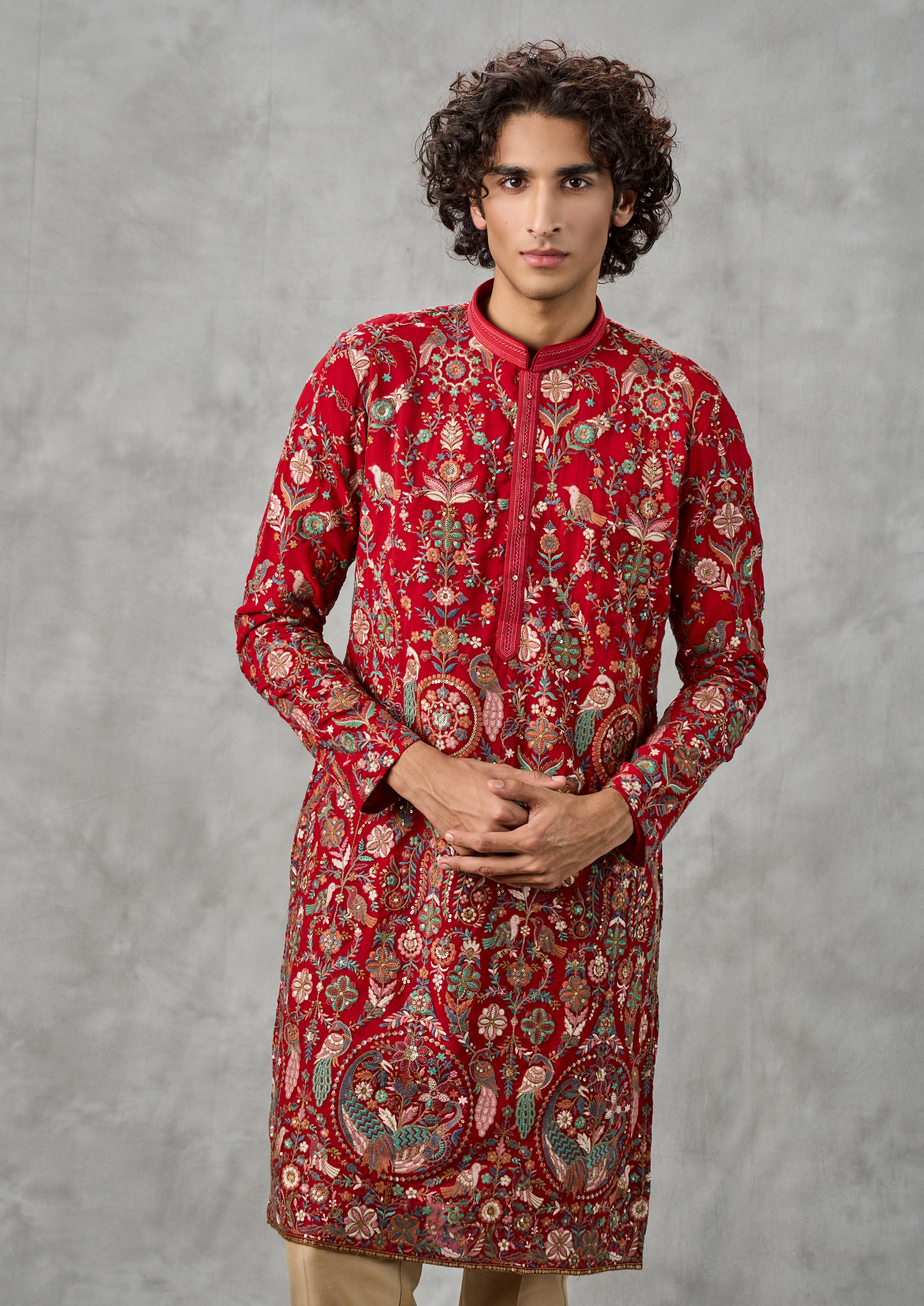 Twamev Men Classy Red Georgette Kurta Churidar
