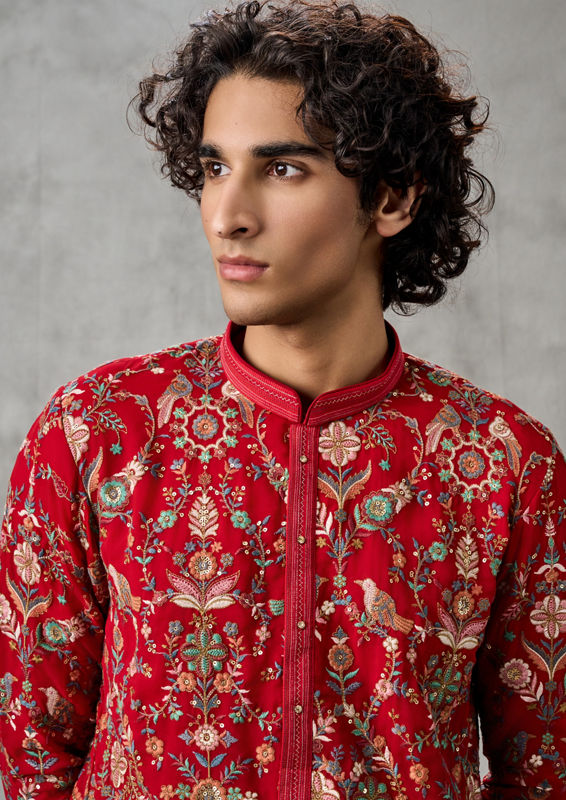 Twamev Men Classy Red Georgette Kurta Churidar