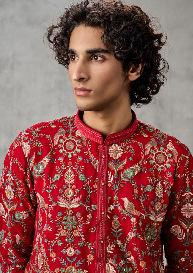 Twamev Men Classy Red Georgette Kurta Churidar