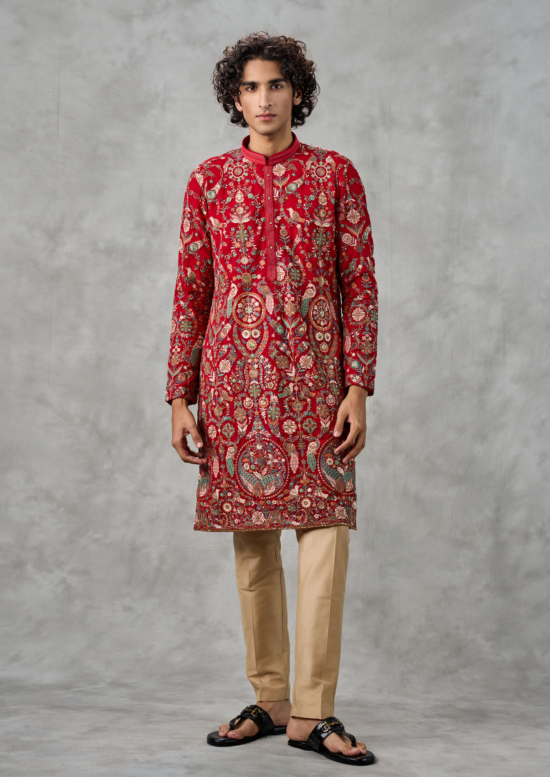 Twamev Men Classy Red Georgette Kurta Churidar