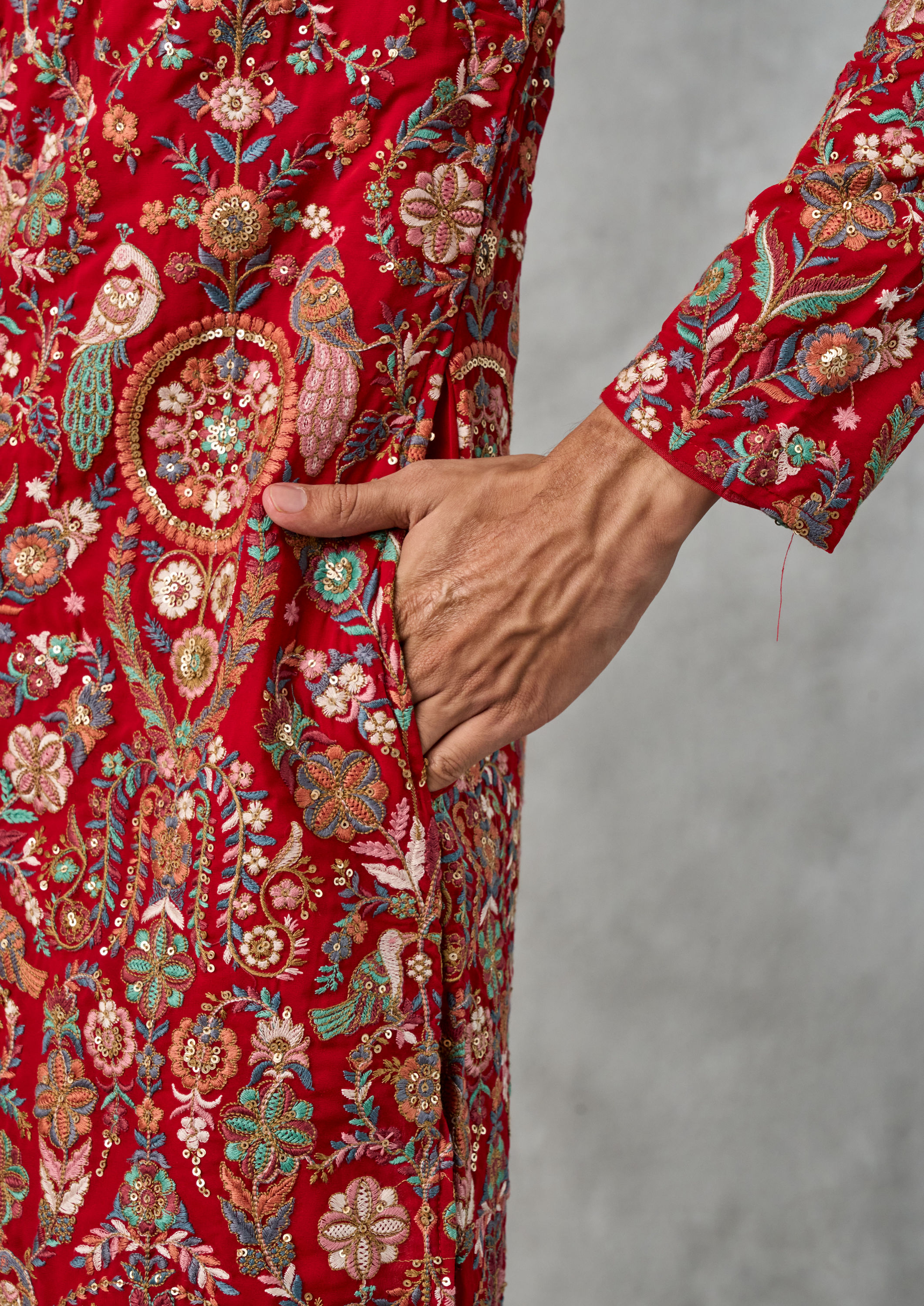 Twamev Men Classy Red Georgette Kurta Churidar