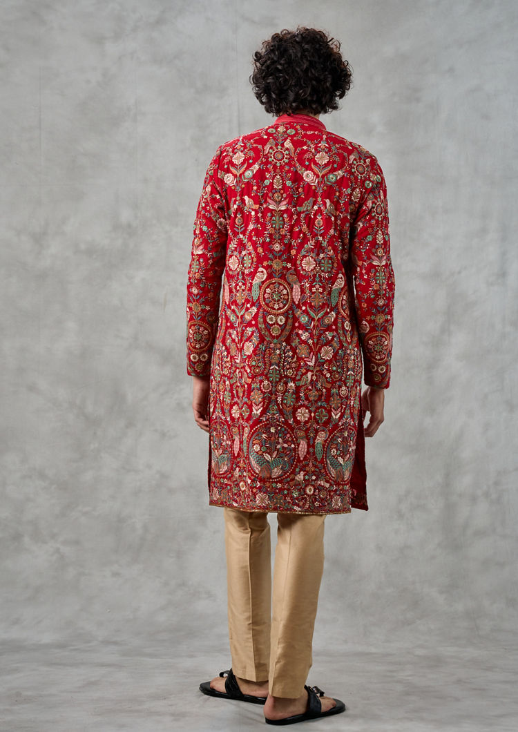 Twamev Men Classy Red Georgette Kurta Churidar