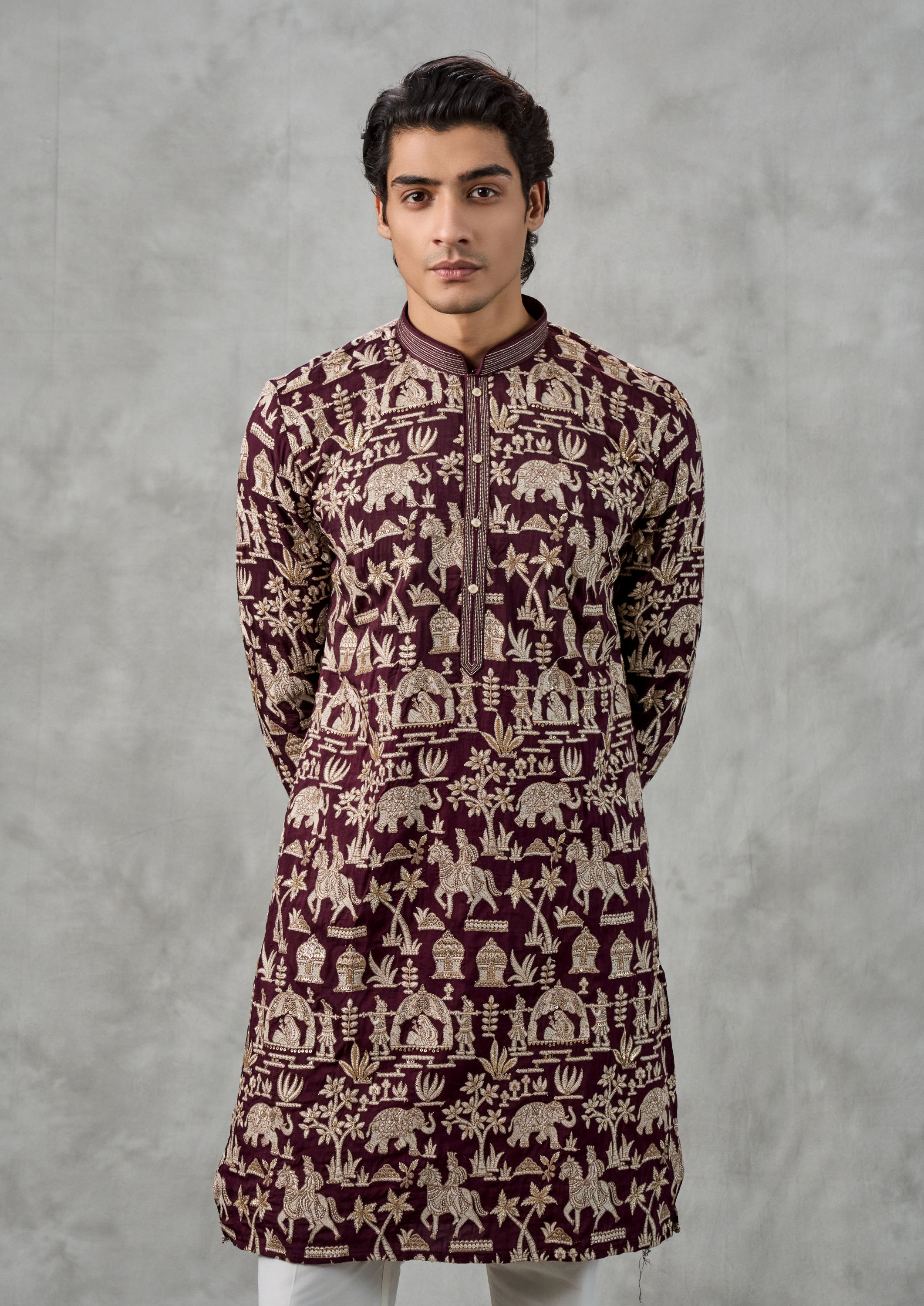Twamev Men Wine Elegance Kurta Churidar