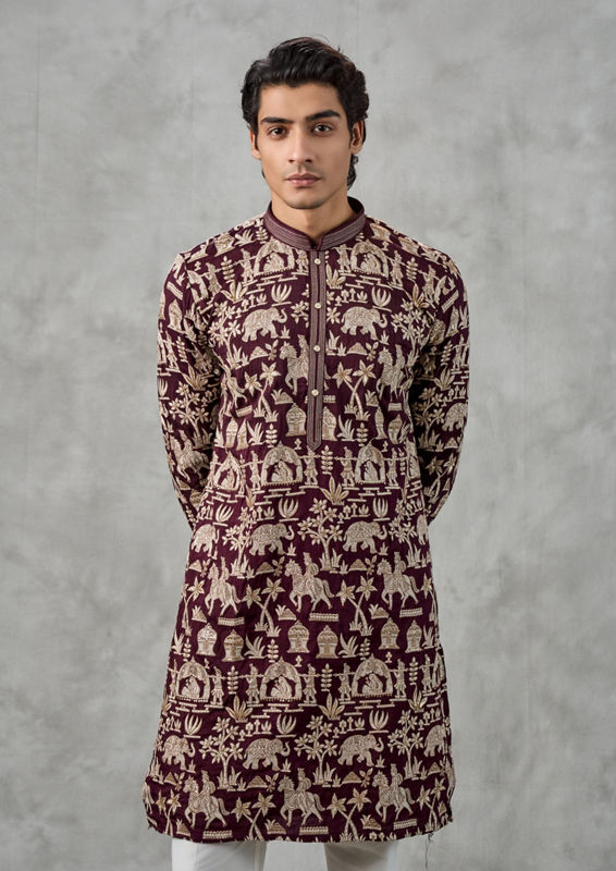 Twamev Men Wine Elegance Kurta Churidar