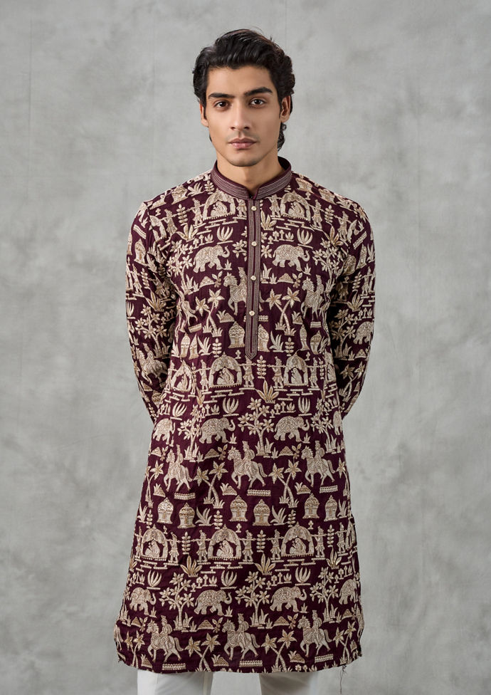 Twamev Men Wine Elegance Kurta Churidar