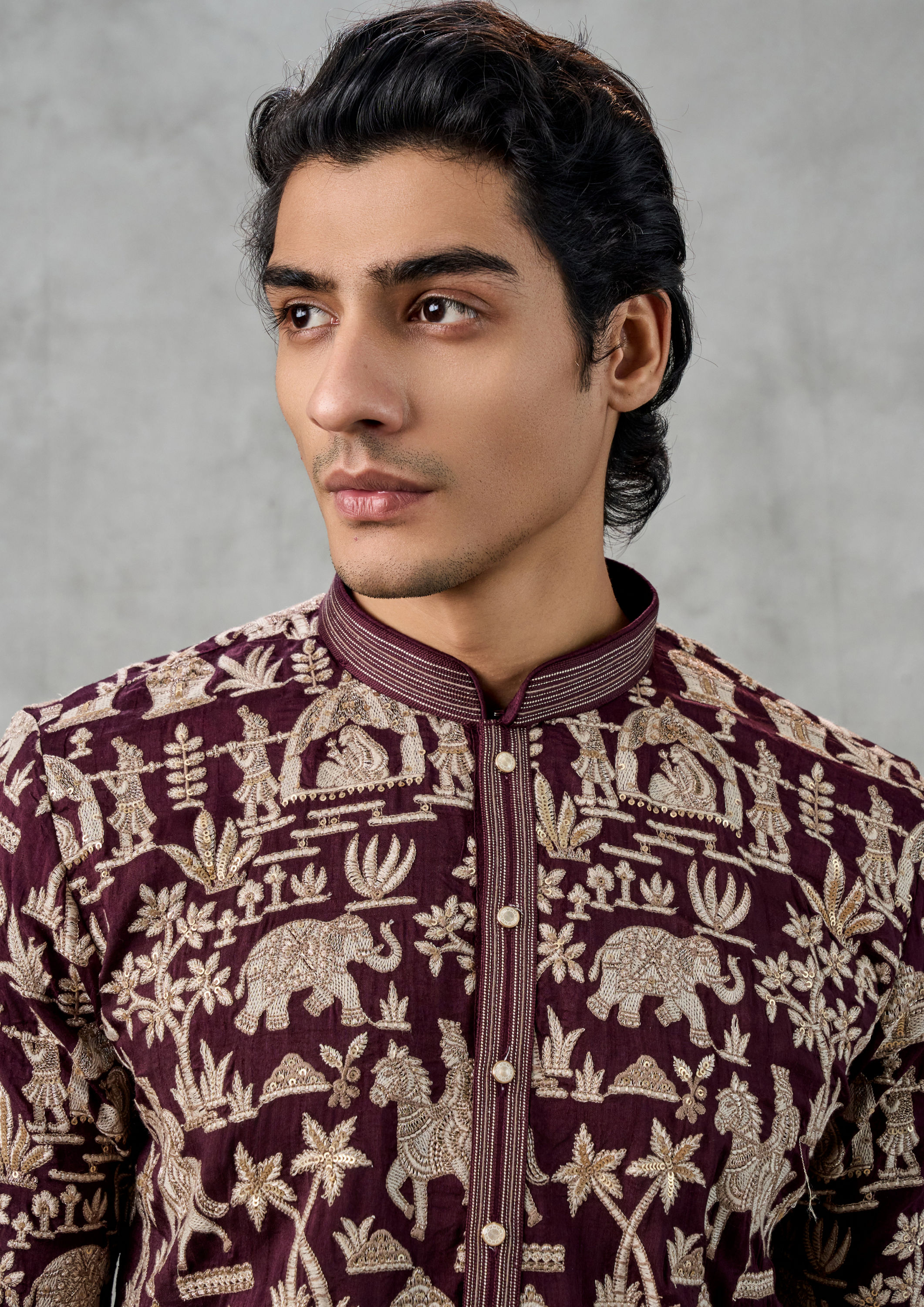 Twamev Men Wine Elegance Kurta Churidar