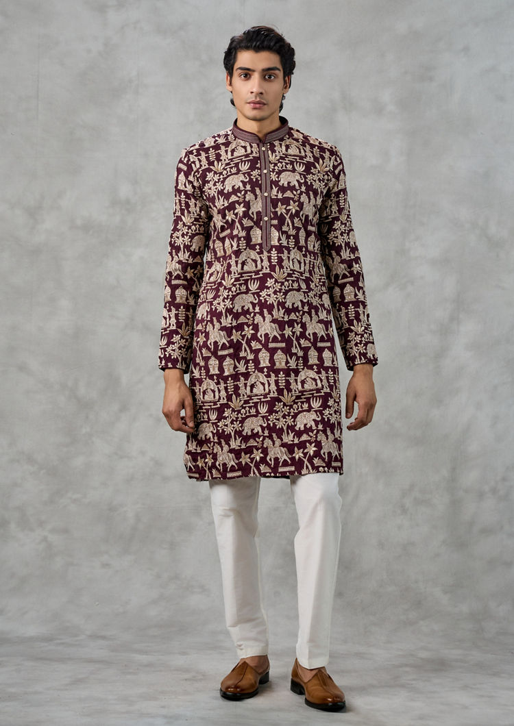 Twamev Men Wine Elegance Kurta Churidar