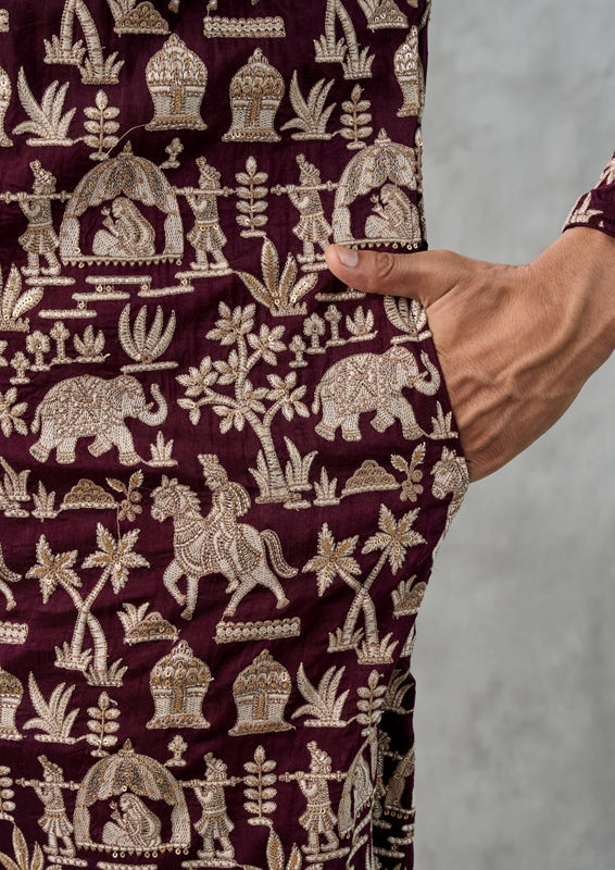 Twamev Men Wine Elegance Kurta Churidar