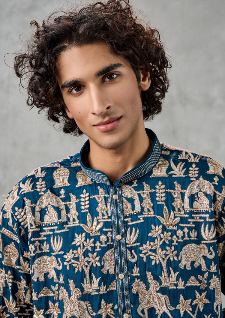 Twamev Men Magical Teal Blue Kurta Churidar