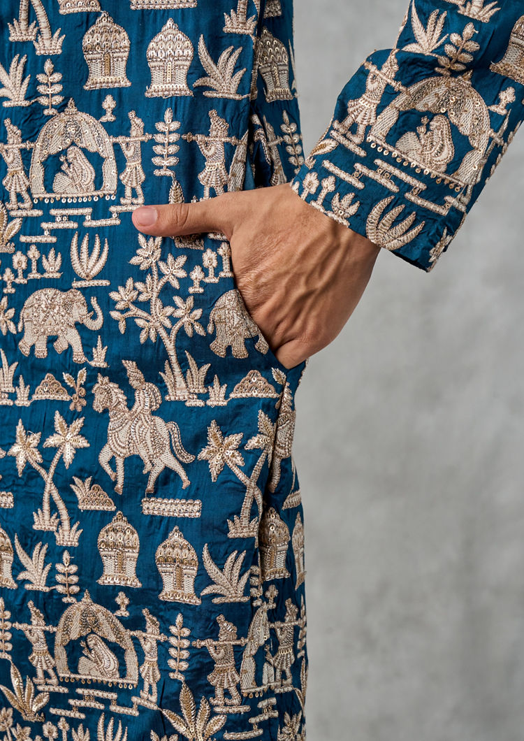 Twamev Men Magical Teal Blue Kurta Churidar