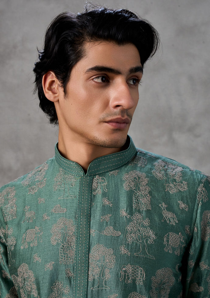 Twamev Men Lush Green Art Silk Kurta Churidar