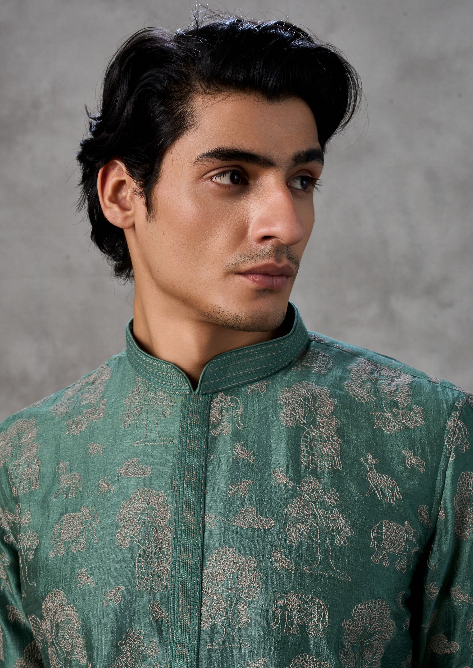 Twamev Men Lush Green Art Silk Kurta Churidar