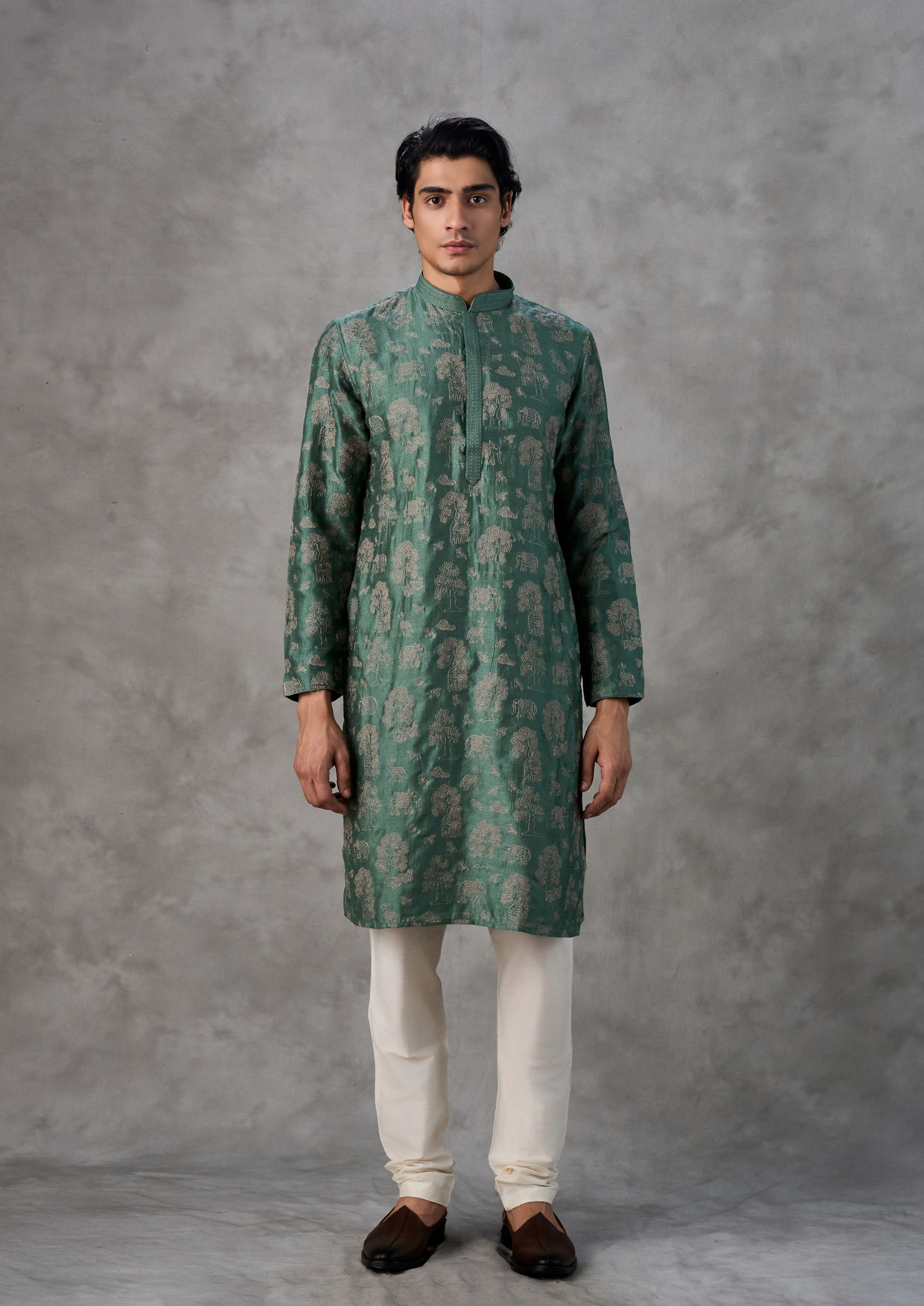 Twamev Men Lush Green Art Silk Kurta Churidar