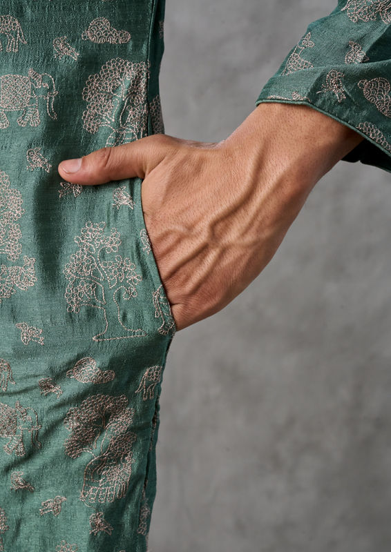 Twamev Men Lush Green Art Silk Kurta Churidar