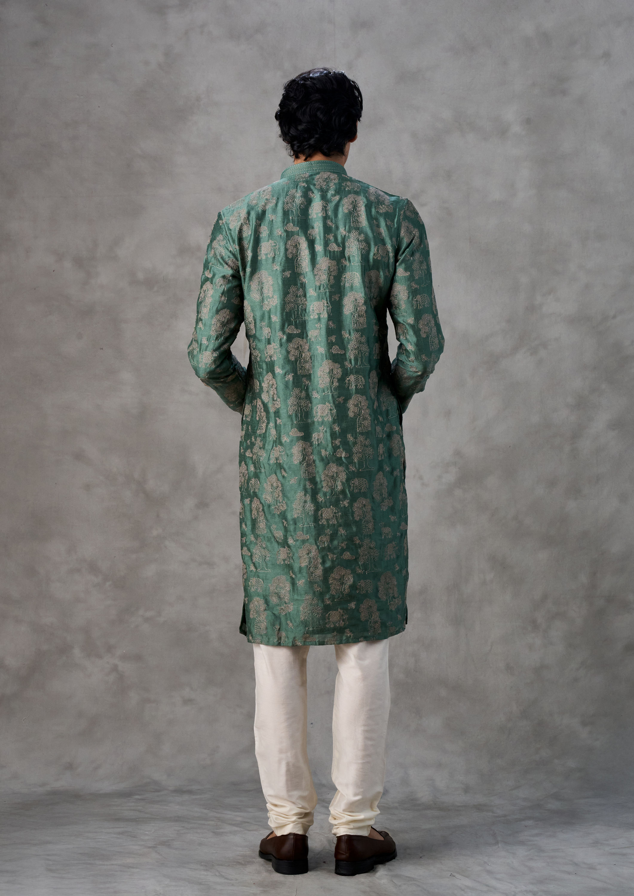 Twamev Men Lush Green Art Silk Kurta Churidar