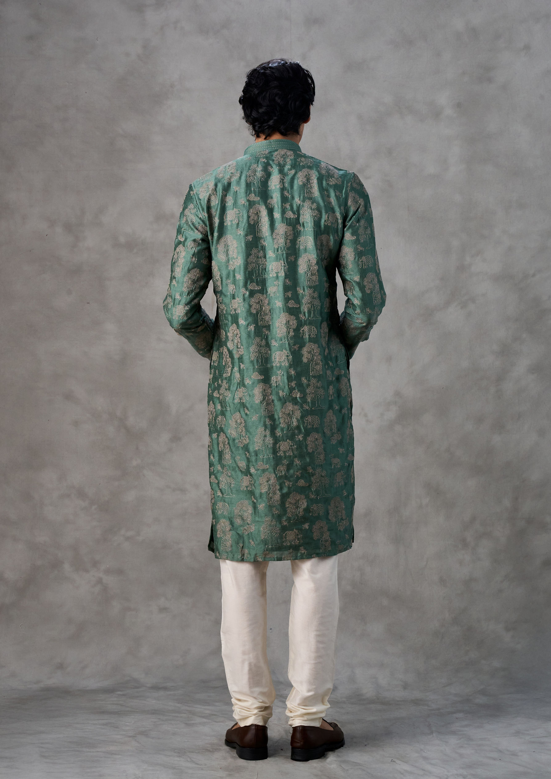 Twamev Men Lush Green Art Silk Kurta Churidar