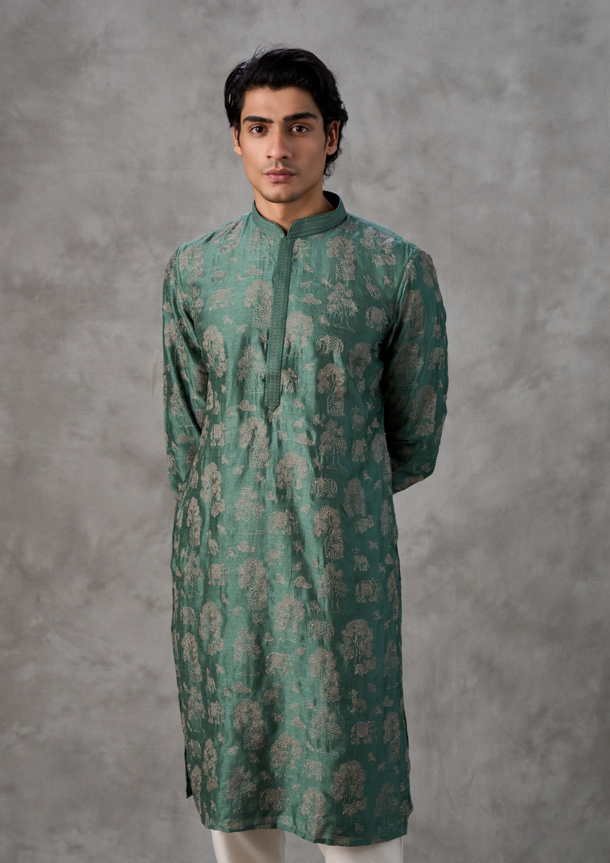 Twamev Men Lush Green Art Silk Kurta Churidar