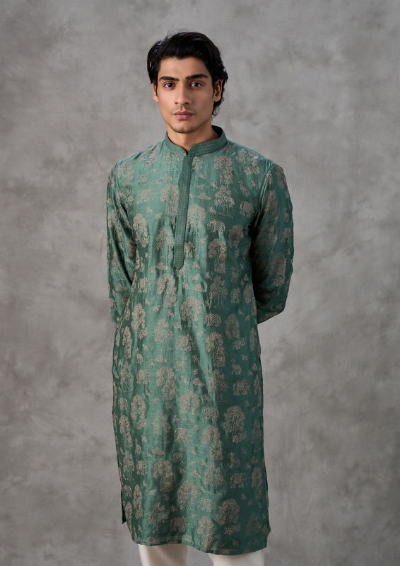 Twamev Men Lush Green Art Silk Kurta Churidar