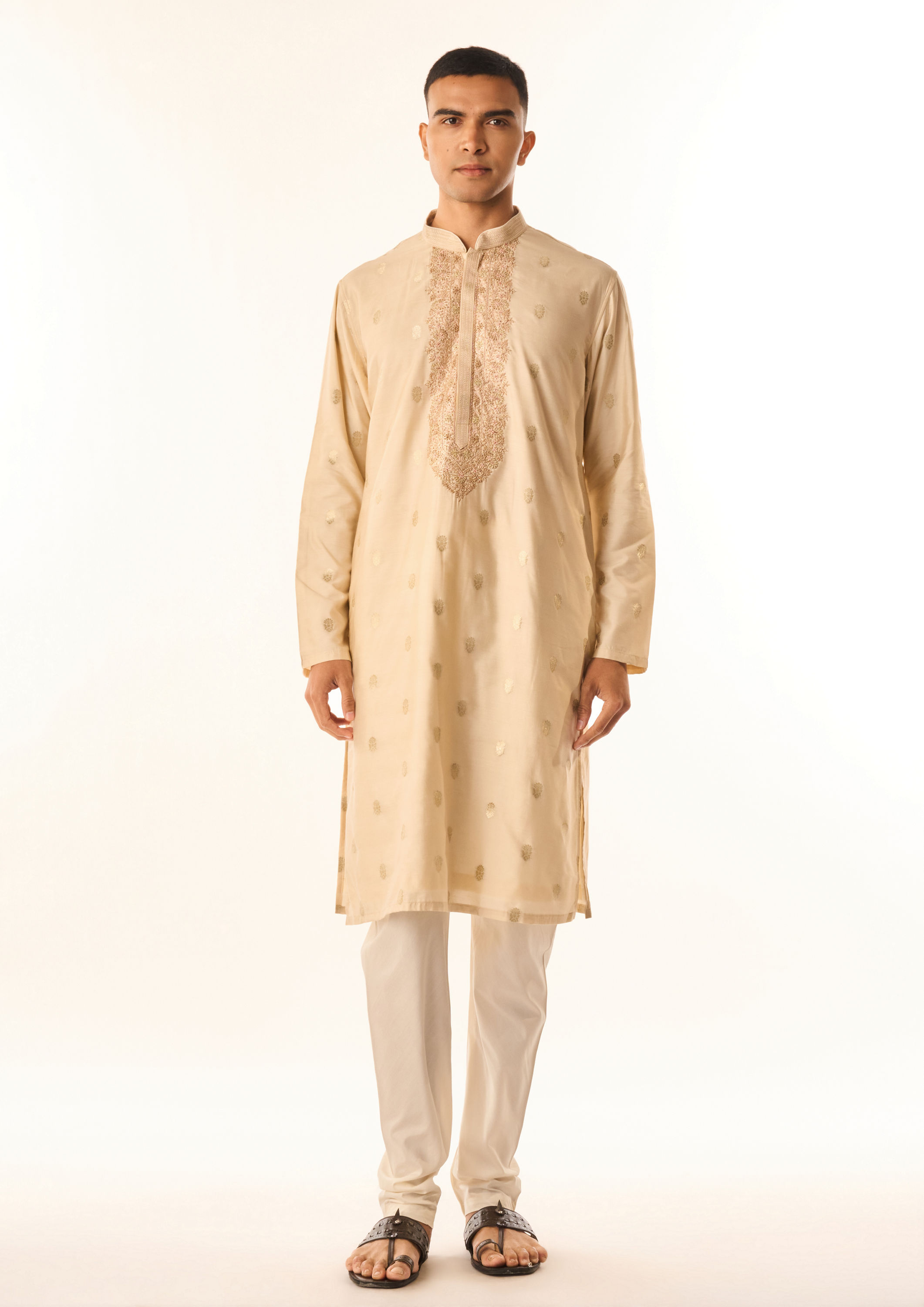 Twamev Men Beige Art Silk Kurta Set with Embroidery