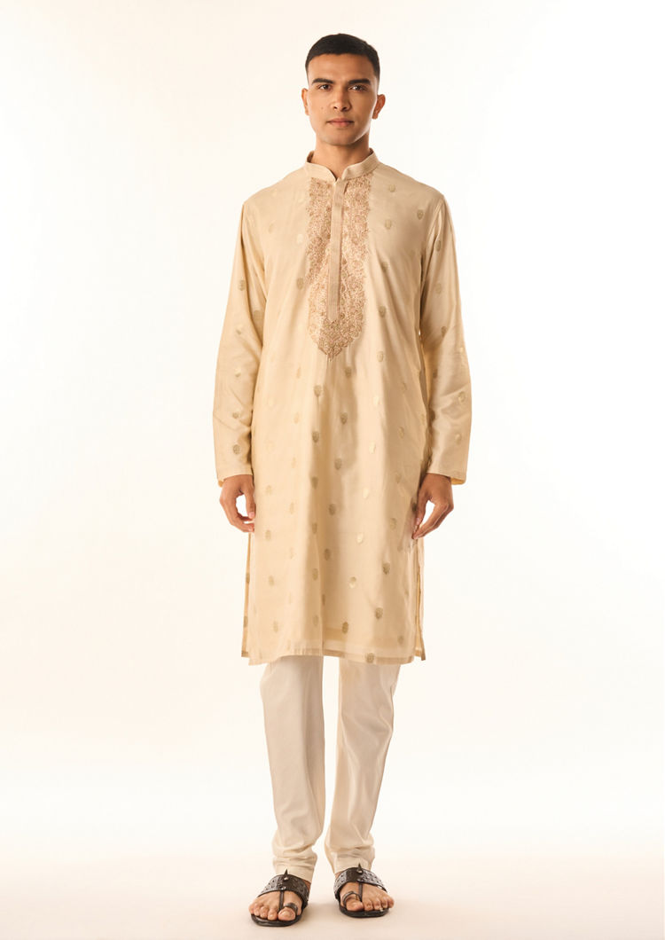 Twamev Men Beige Art Silk Kurta Set with Embroidery