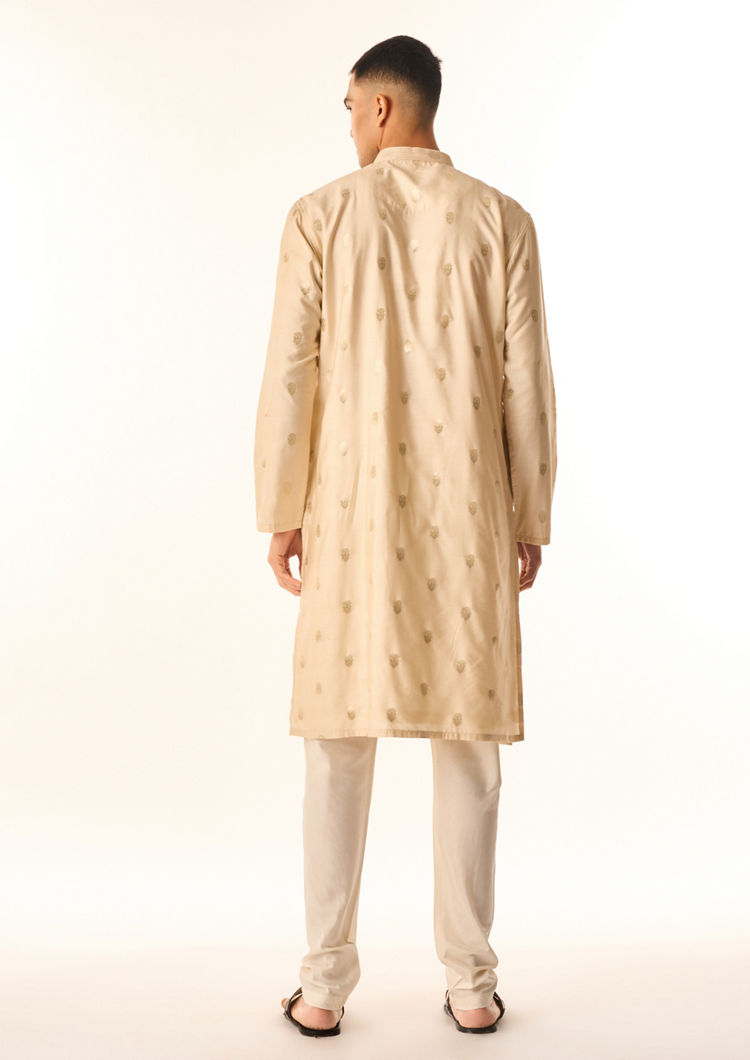 Twamev Men Beige Art Silk Kurta Set with Embroidery