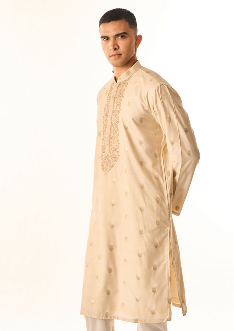 Twamev Men Beige Art Silk Kurta Set with Embroidery