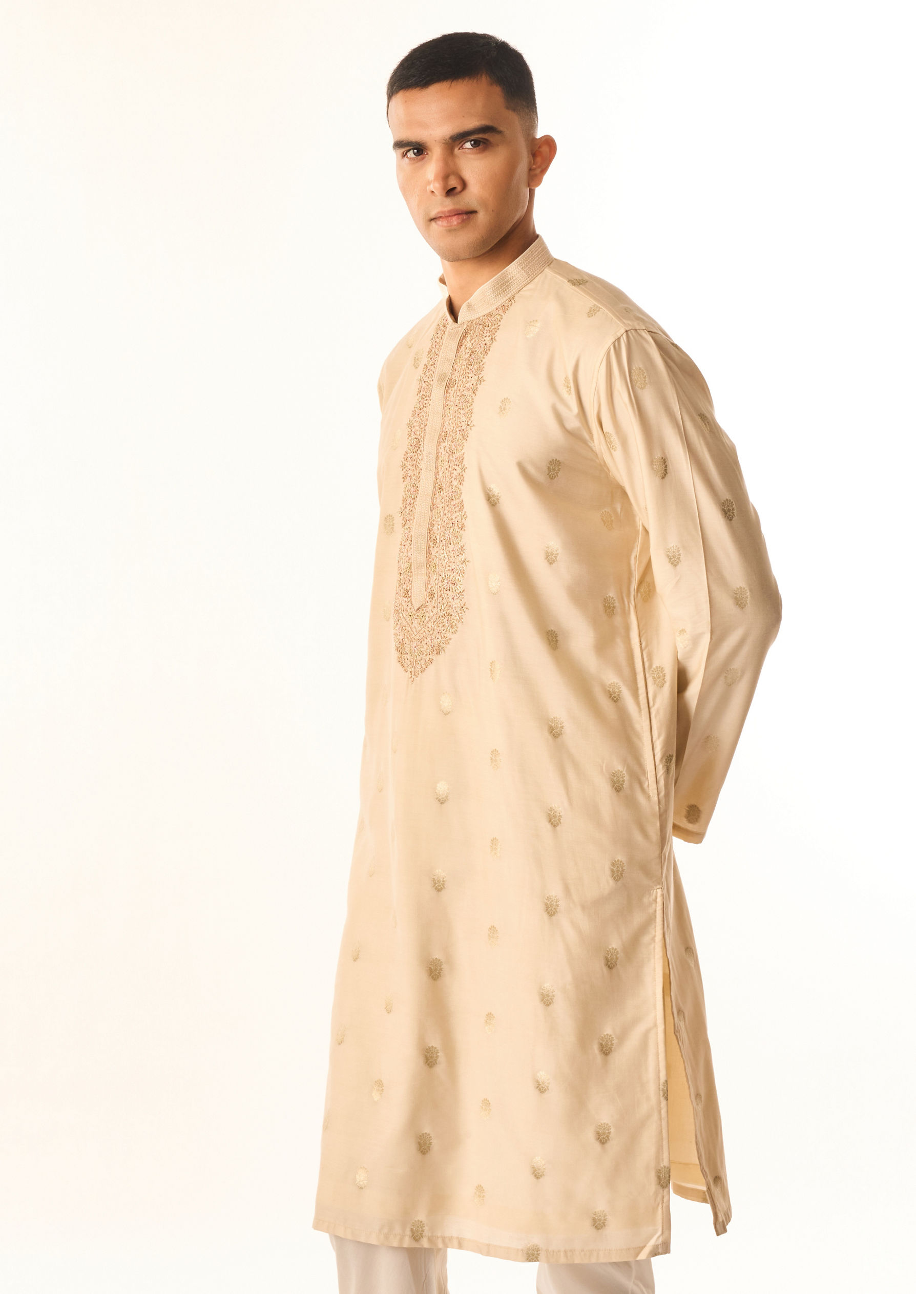 Twamev Men Beige Art Silk Kurta Set with Embroidery