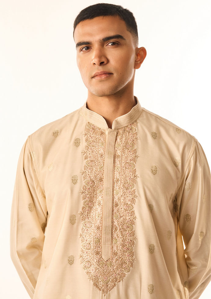 Twamev Men Beige Art Silk Kurta Set with Embroidery
