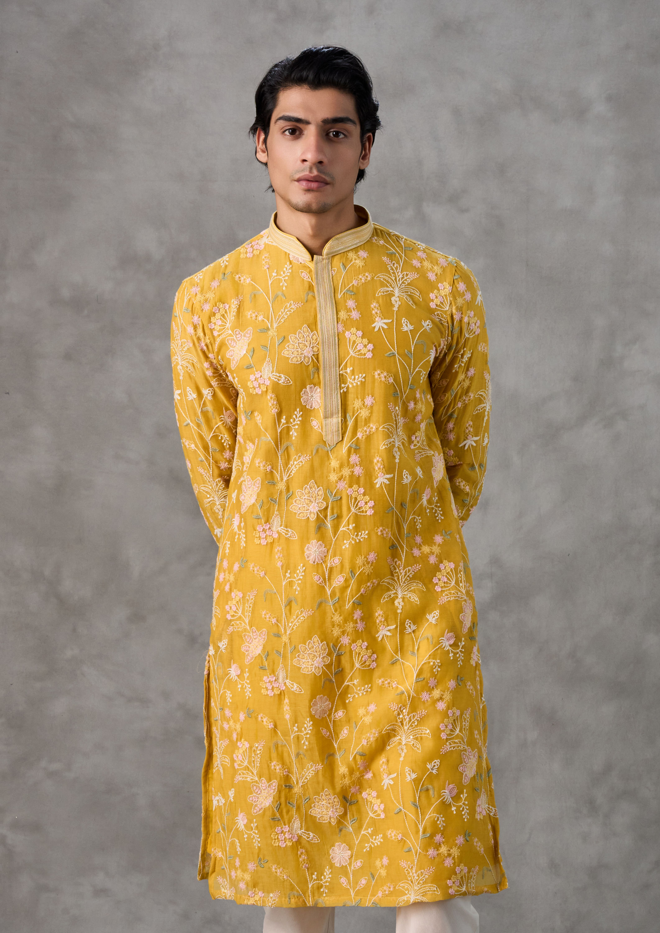 Twamev Men Yellow Chanderi Kurta Churidar Set