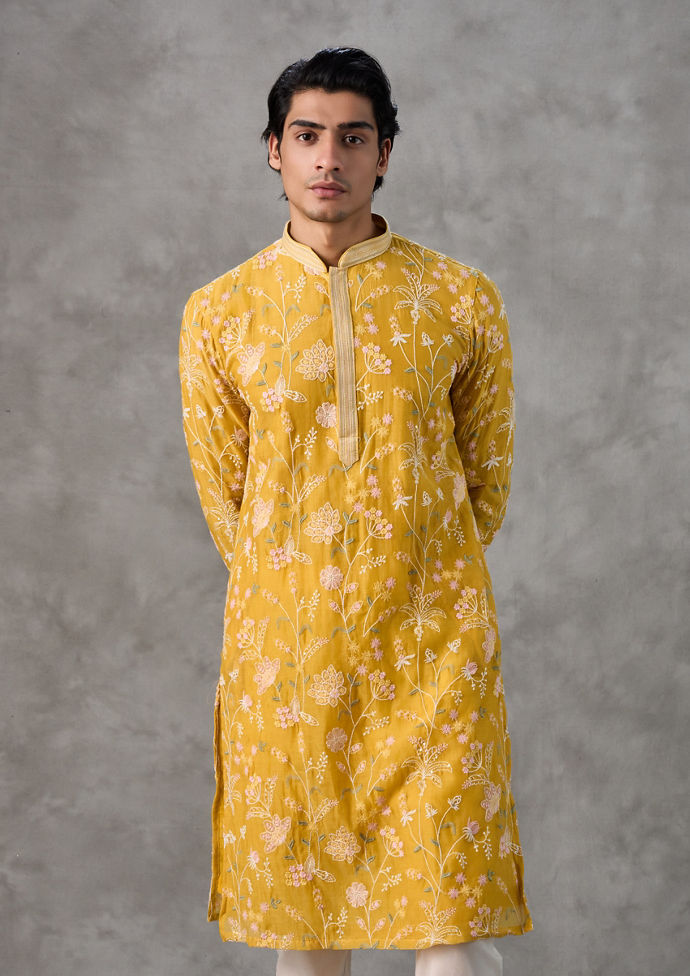 Twamev Men Yellow Chanderi Silk Floral Print Kurta Set