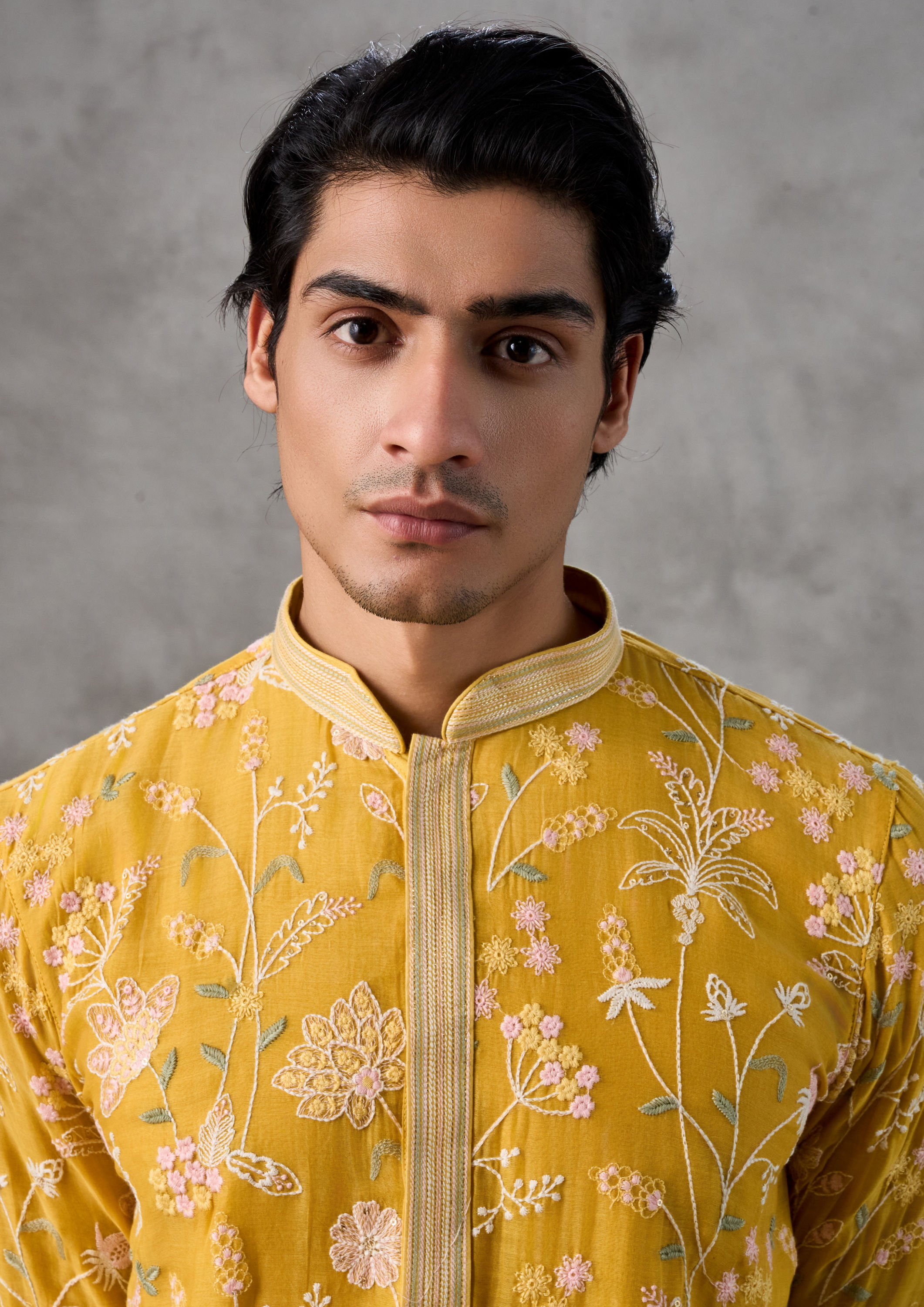 Twamev Men Yellow Chanderi Kurta Churidar Set