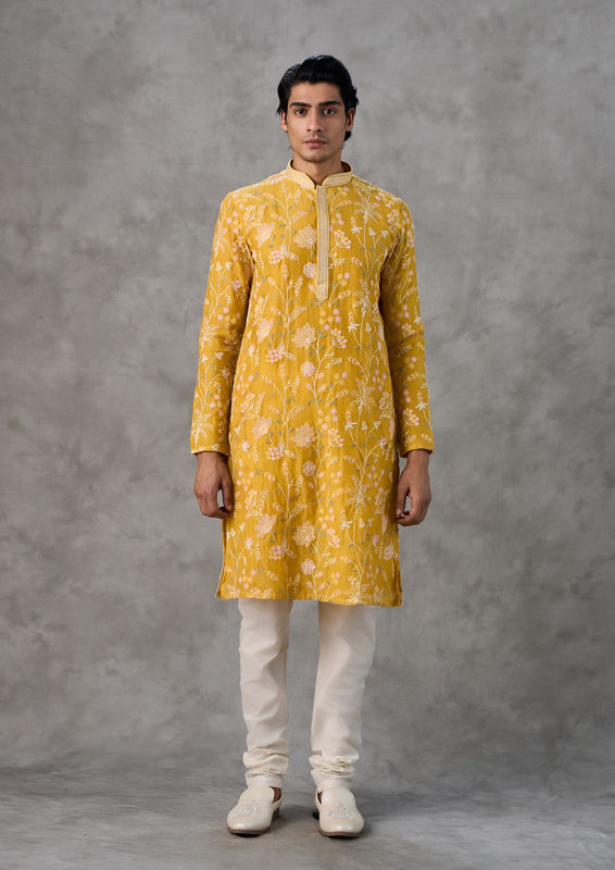 Twamev Men Yellow Chanderi Kurta Churidar Set