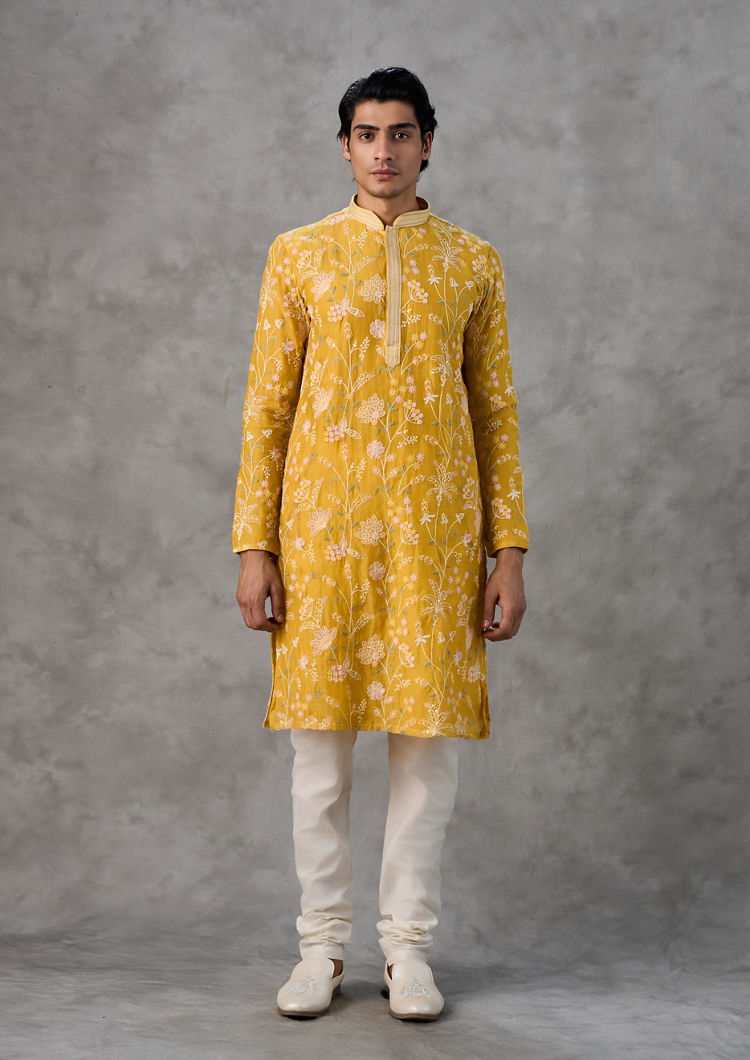Twamev Men Yellow Chanderi Kurta Churidar Set