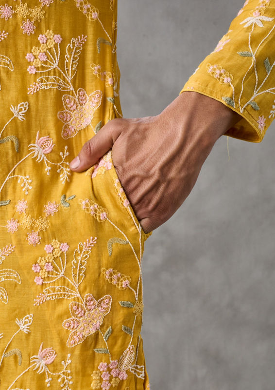 Twamev Men Yellow Chanderi Kurta Churidar Set