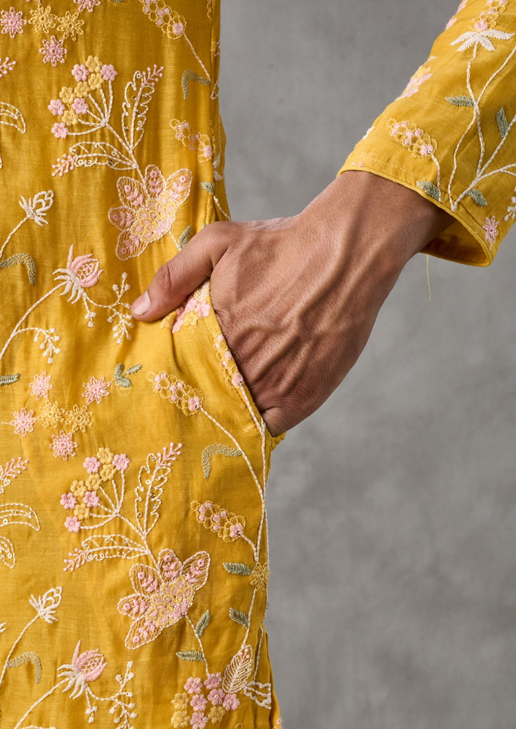 Twamev Men Yellow Chanderi Kurta Churidar Set