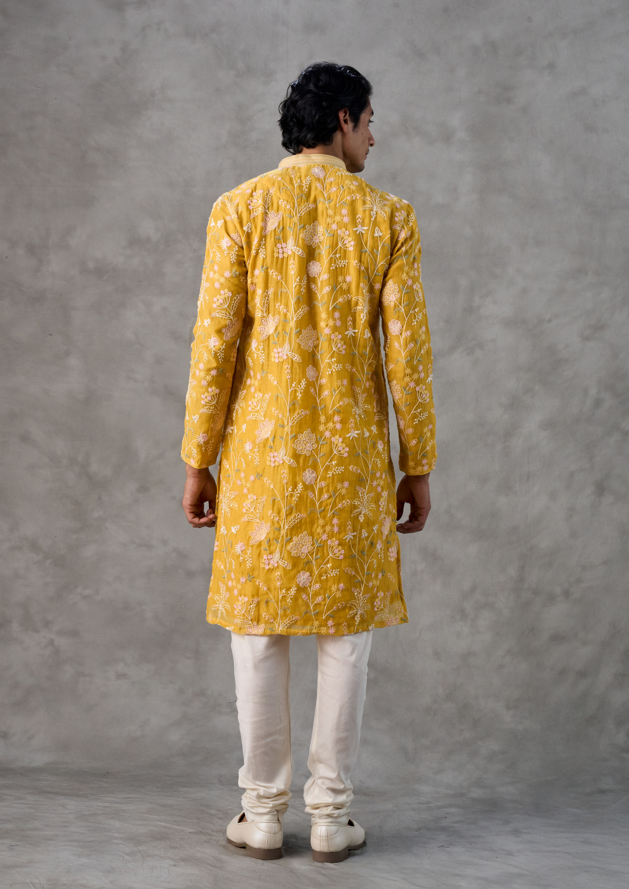 Twamev Men Yellow Chanderi Kurta Churidar Set