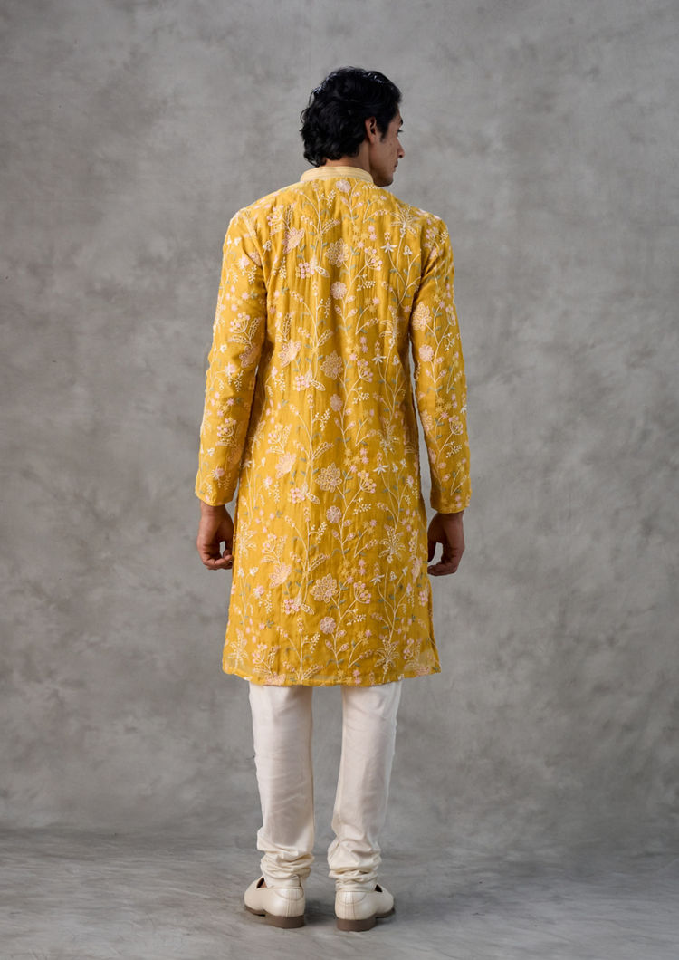 Twamev Men Yellow Chanderi Kurta Churidar Set