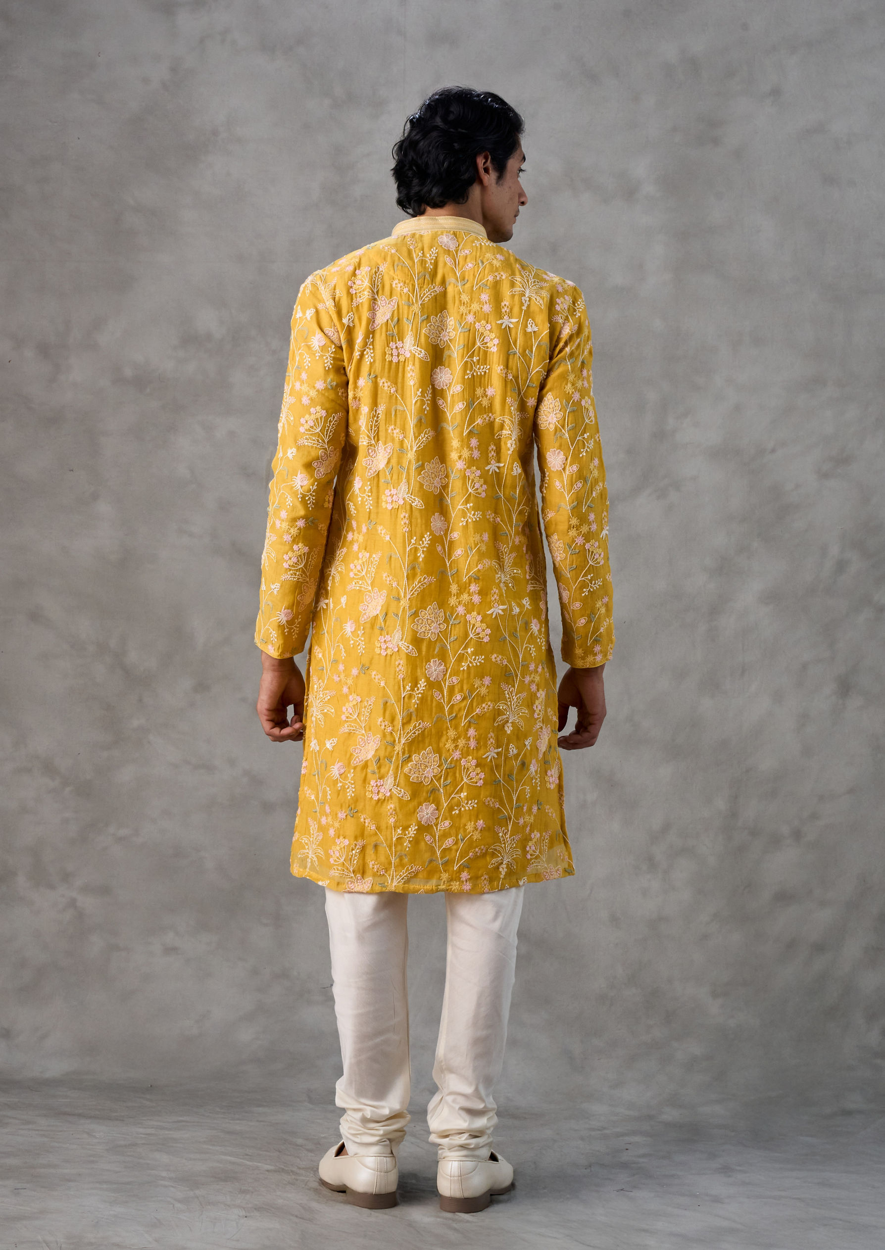 Twamev Men Yellow Chanderi Kurta Churidar Set