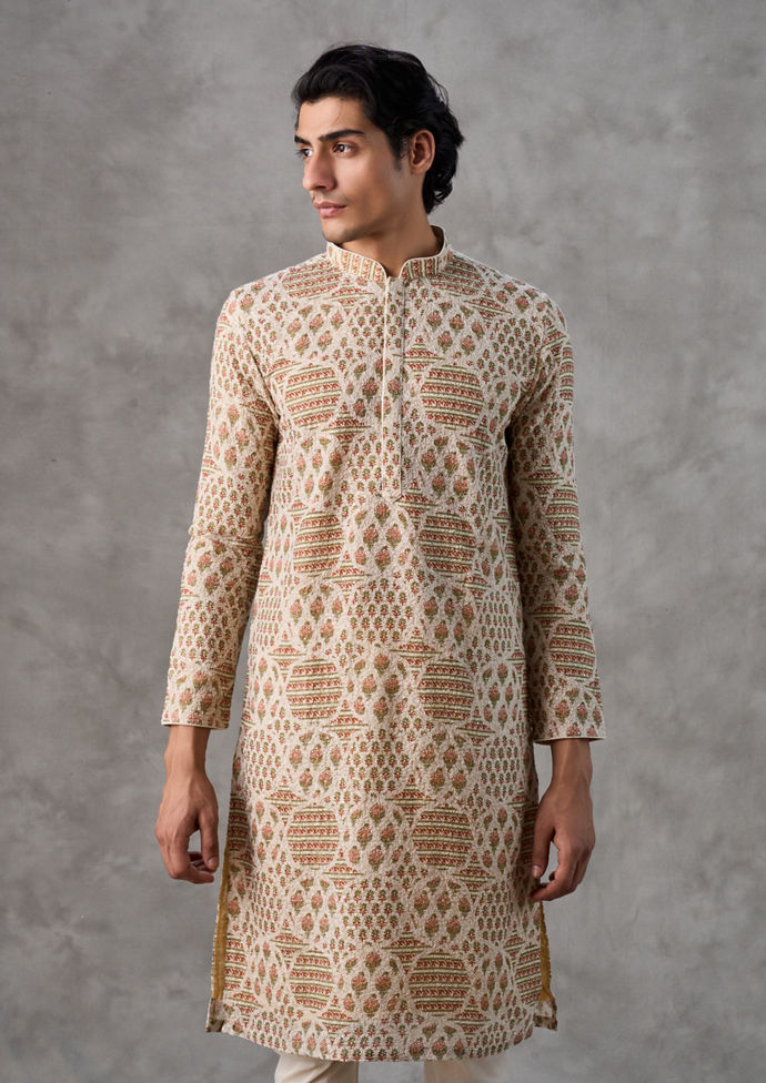 Twamev Men Beige Georgette Festive Kurta Churidar