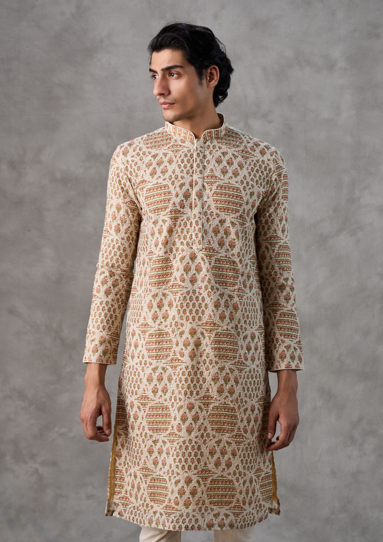 Twamev Men Beige Georgette Festive Kurta Churidar