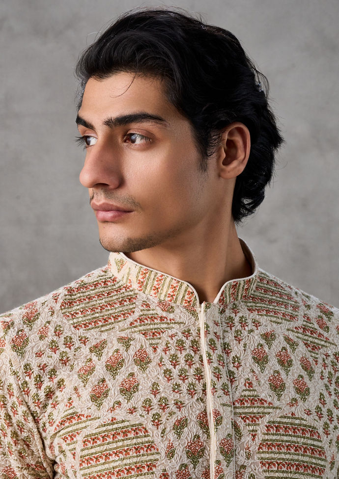 Twamev Men Beige Georgette Festive Kurta Churidar