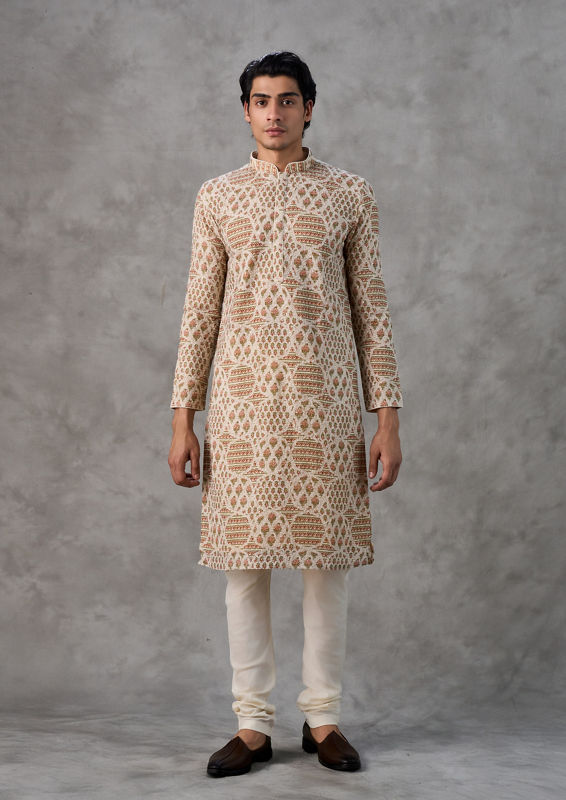 Twamev Men Beige Georgette Festive Kurta Churidar