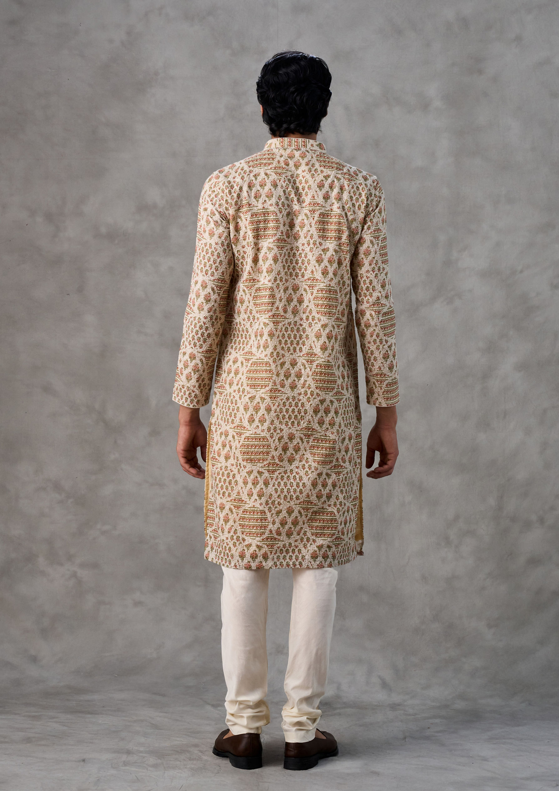 Twamev Men Beige Georgette Festive Kurta Churidar