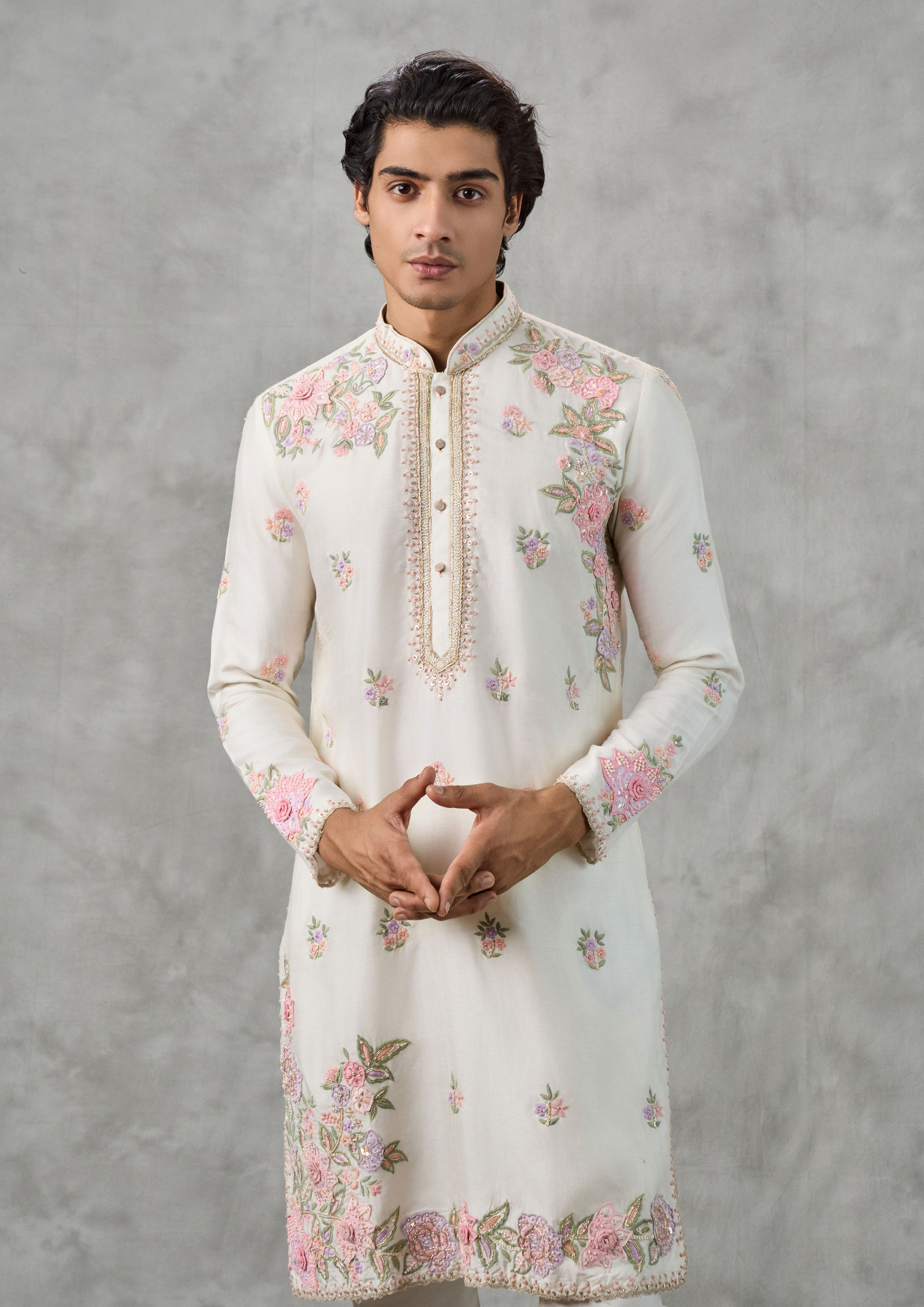Twamev Men Elegant Cream Art Silk Kurta Churidar