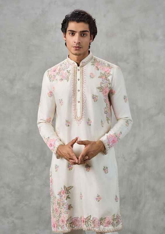 Twamev Men Elegant Cream Art Silk Kurta Churidar
