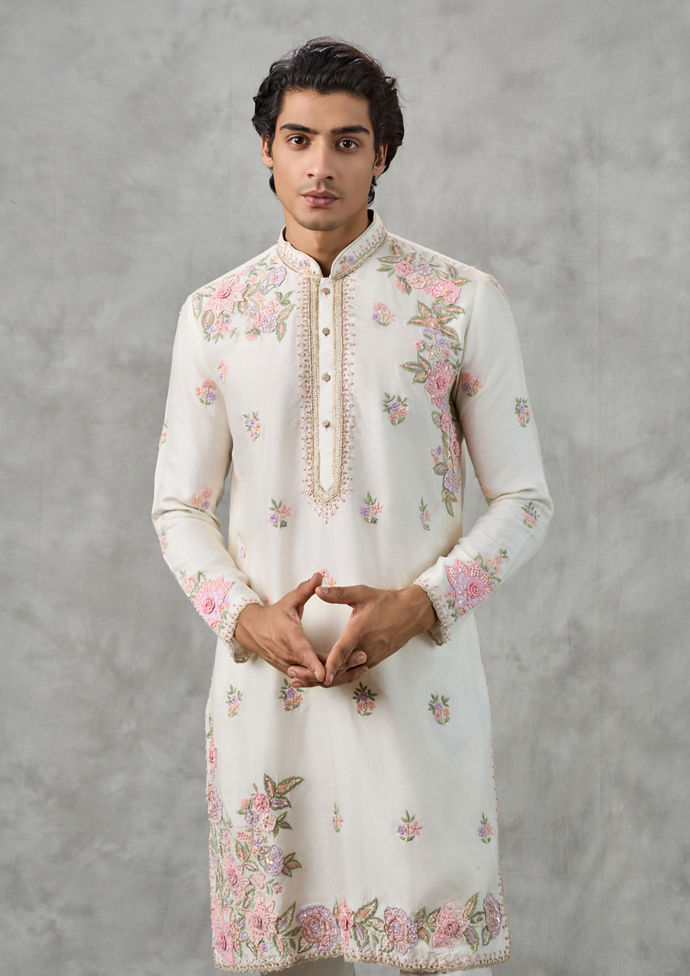 Twamev Men Elegant Cream Art Silk Kurta Churidar