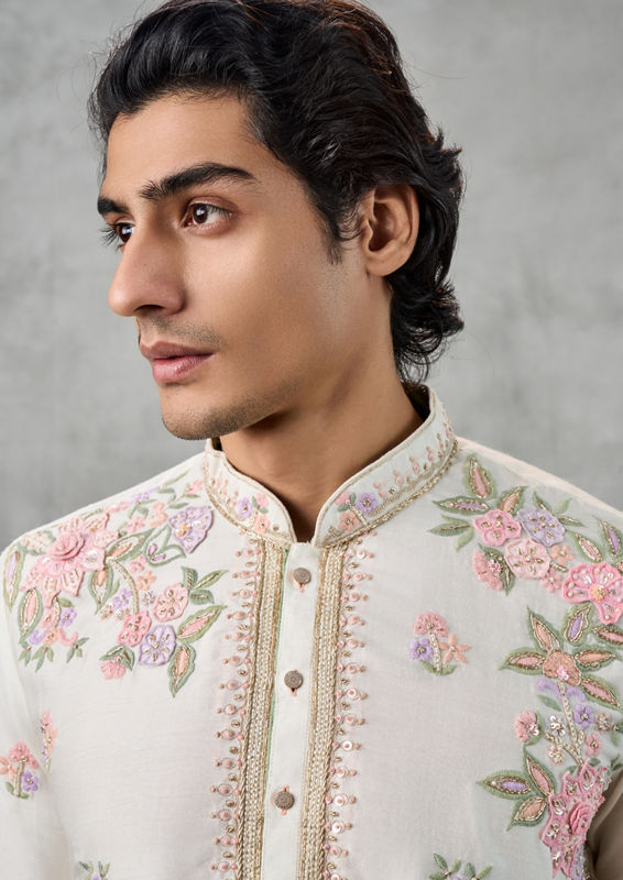 Twamev Men Elegant Cream Art Silk Kurta Churidar
